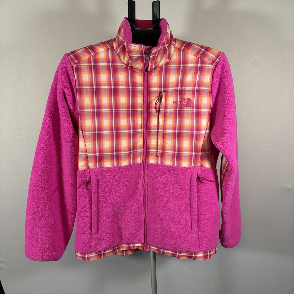 The North Face Pink Orange Plaid Polartec Fleece Jacket Womens Medium Denali